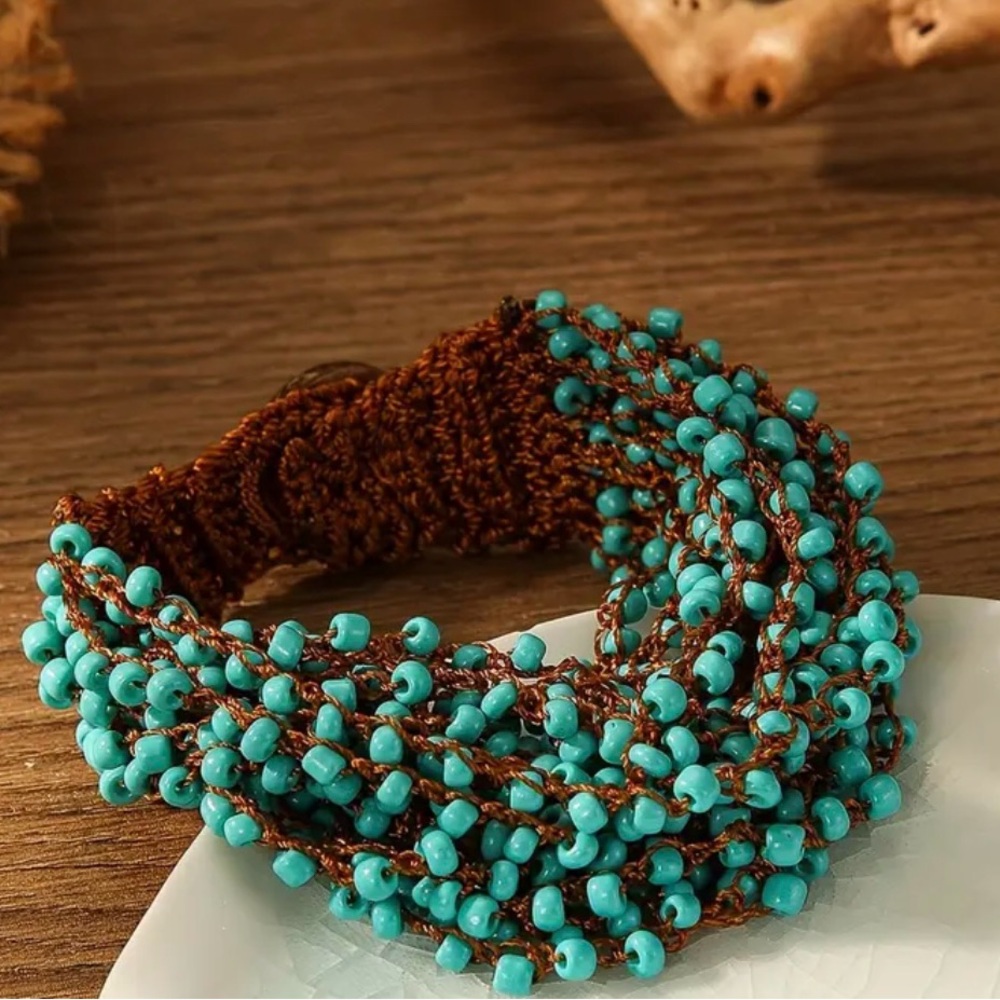 Blue Beaded Cuff Bracelet with Intricate Design